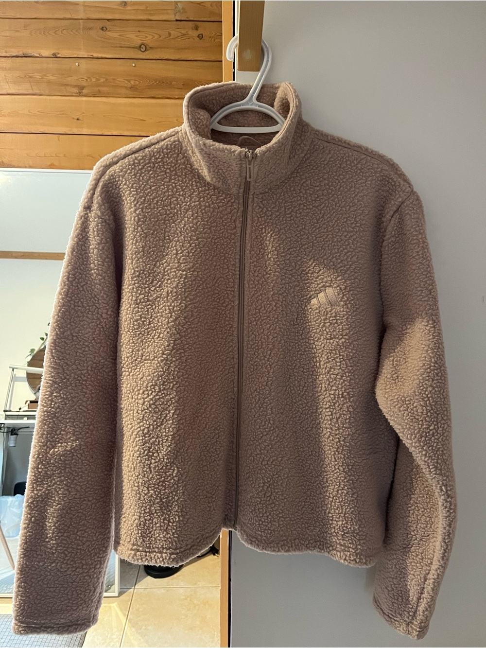 Adidas Cozy Beige Teddy Sherpa Zip-Up Jacket